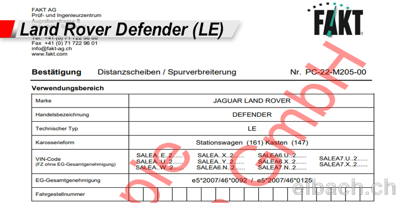 NEU! Spurverbreiterung Gutachten für Land Rover Defender (LE, L663)