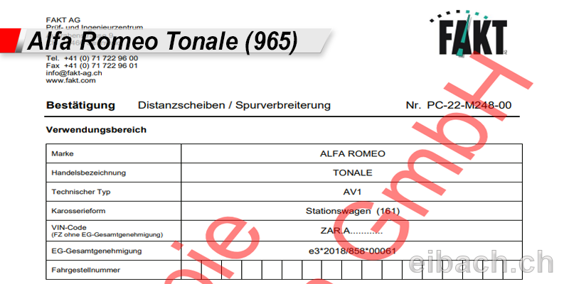 NEU! Spurverbreiterung Gutachten für Alfa Romeo Tonale (965)