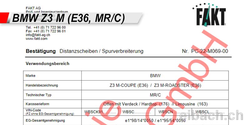 NEU! Spurverbreiterung Gutachten für BMW Z3 M (E36, MR/C)