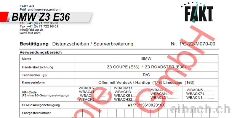 NEU! Spurverbreiterung Gutachten für BMW Z3 (E36)