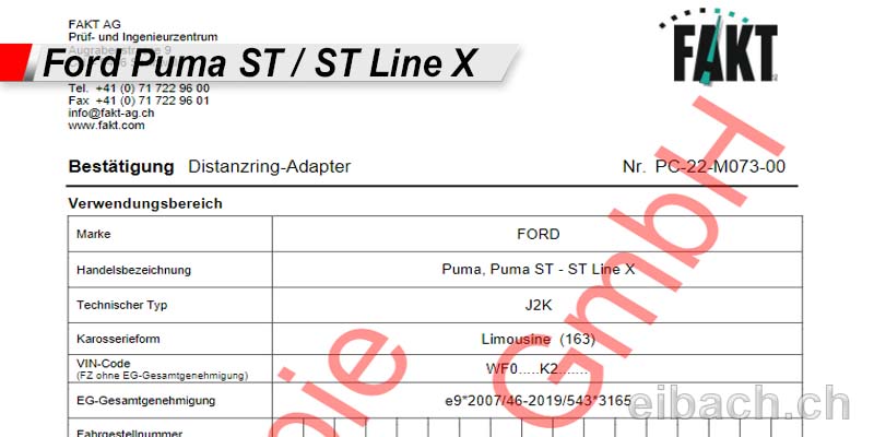 NEU! Spurverbreiterung Gutachten für Ford Puma - Puma ST - ST Line X