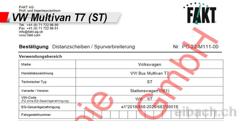 NEU! Spurverbreiterung Gutachten für VW Multivan T7 (ST)