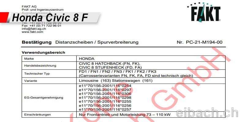 NEU! Spurverbreiterung Gutachten für Honda Civic 8 F