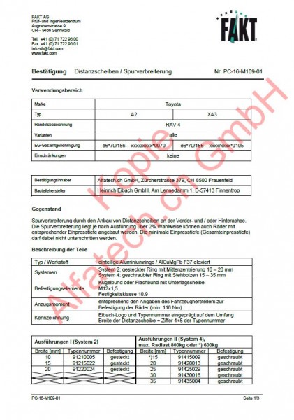 CH-Gutachten Distanziali Toyota RAV4 (A2, XA3) PC-16-M109-01
