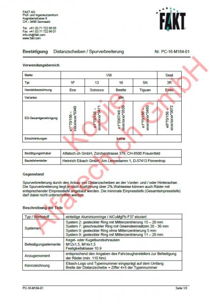 CH-Gutachten Distanziali VW Eos - Scirocco - BEETLE - Tiguan - SEAT Exeo PC-16-M184-01