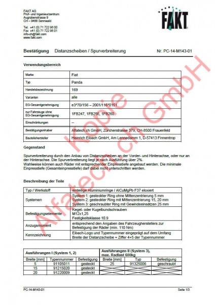 CH-Gutachten Spurverbreiterung Fiat Panda (169) PC-14-M143-01